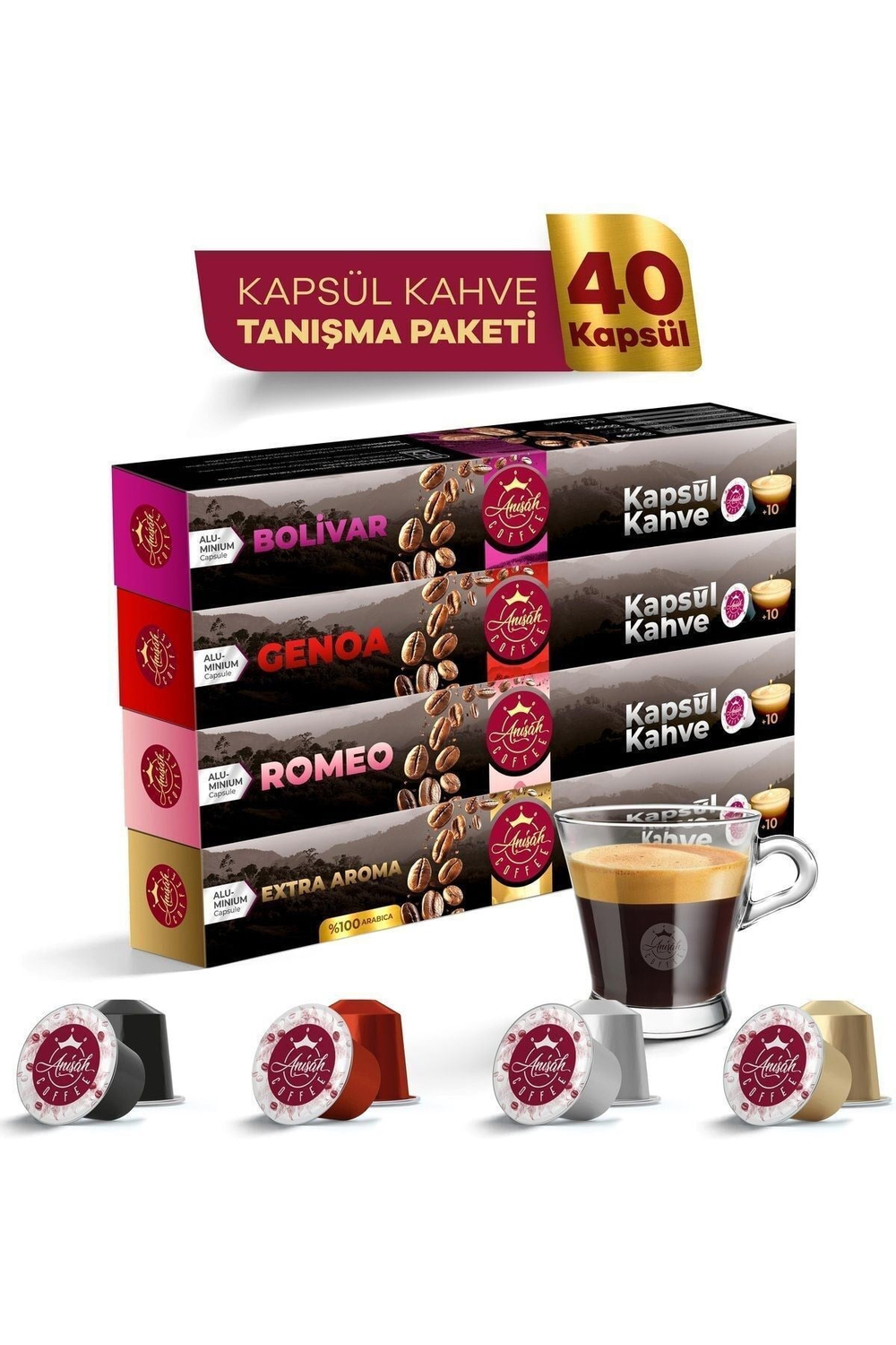 Anisah Coffee Kapsül Kahve Seti Bolivar Genoa Romeo ve Extra Aroma 40 Adet