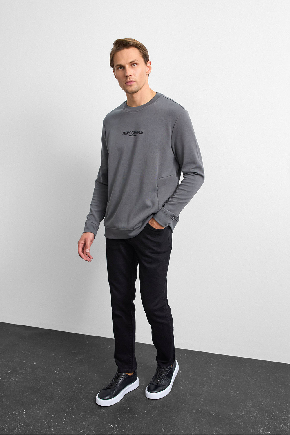 Antrasit Bisiklet Yaka Gizli Fermuarlı Sweatshirt
