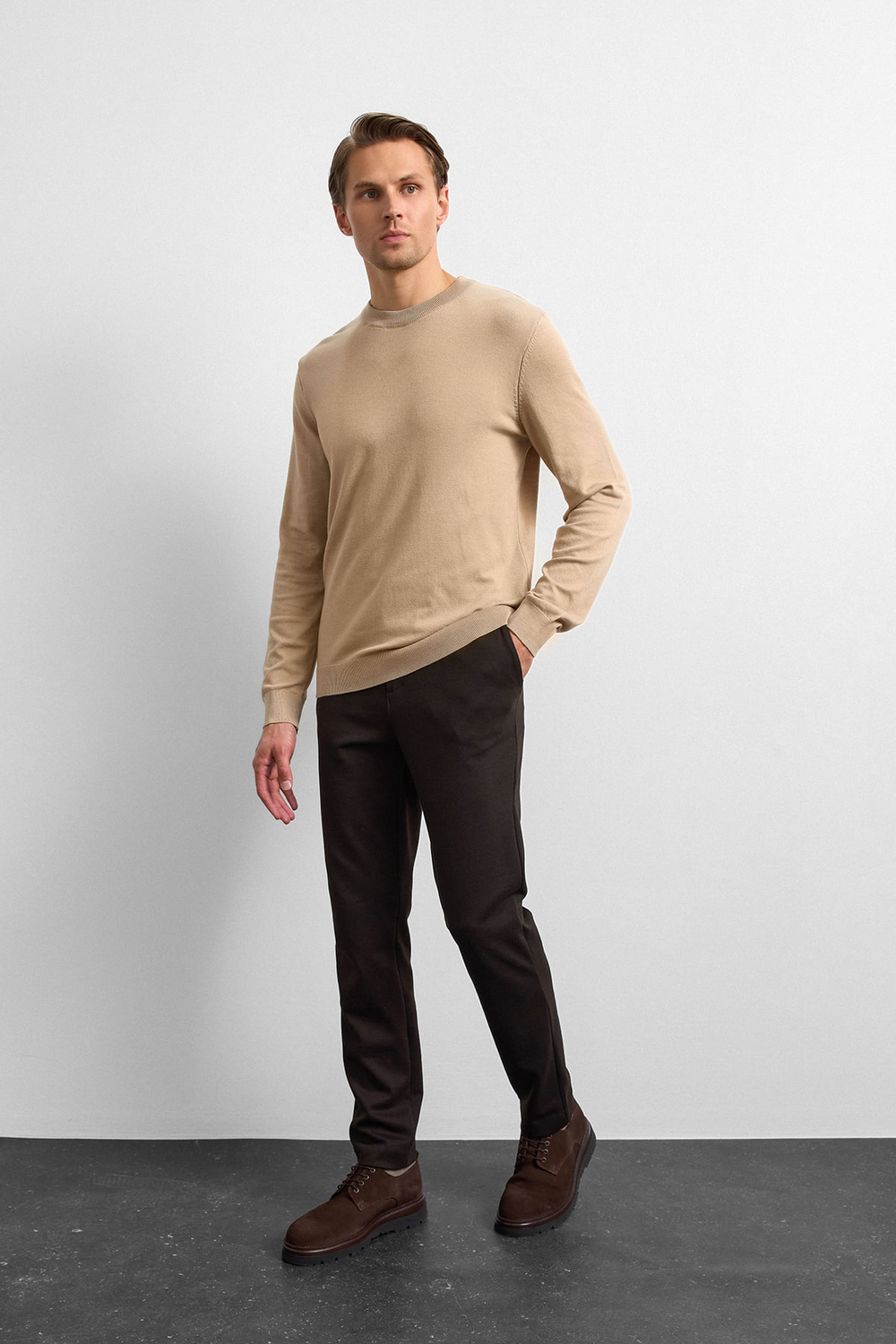 Bej Regular Fit Bisiklet Yaka Triko Kazak