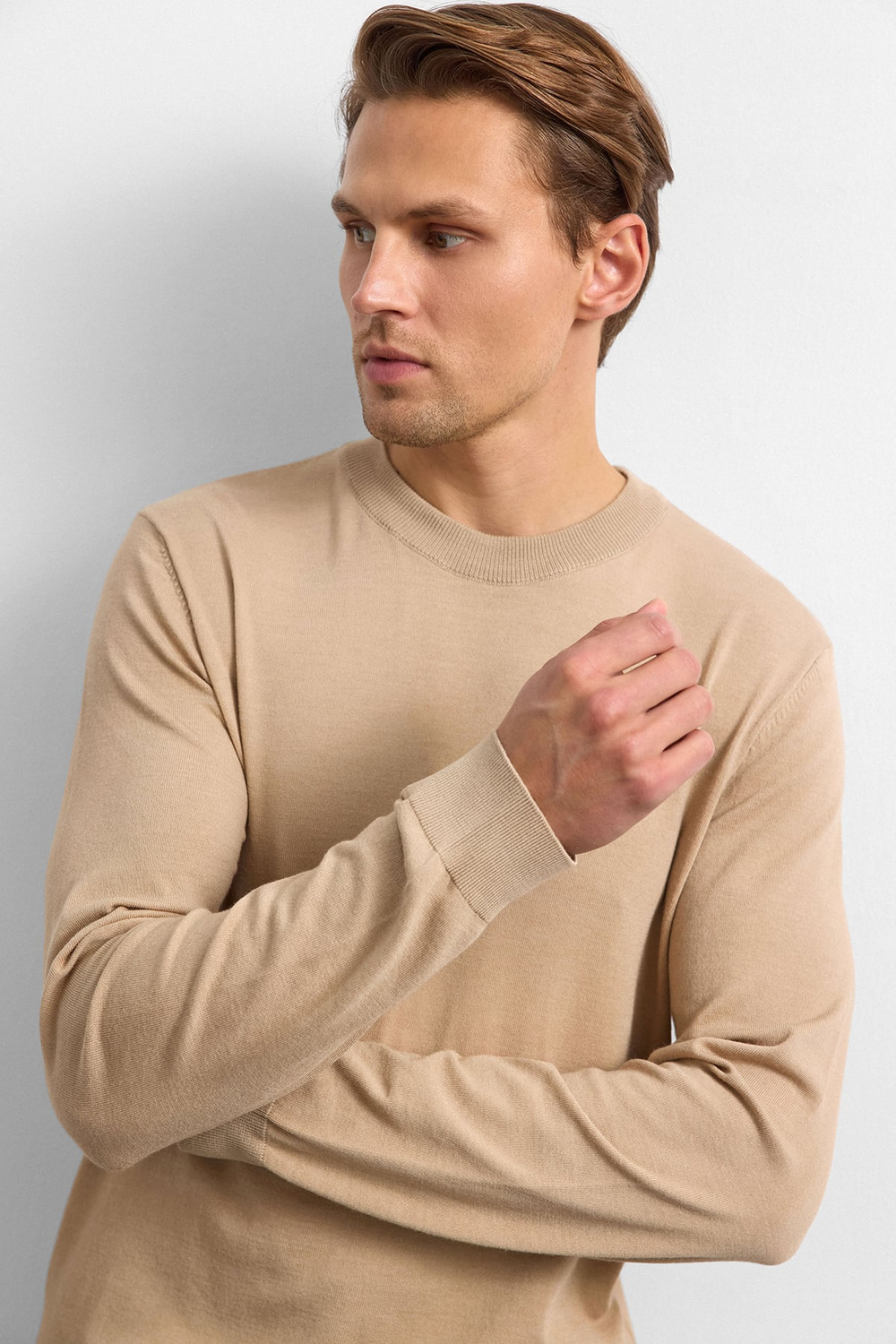 Bej Regular Fit Bisiklet Yaka Triko Kazak