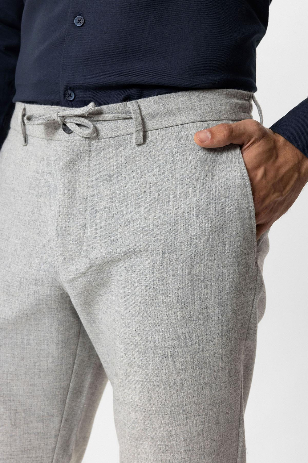 Açık Gri Slim Fit Beli Bağcıklı Yünlü Jogger Pantolon