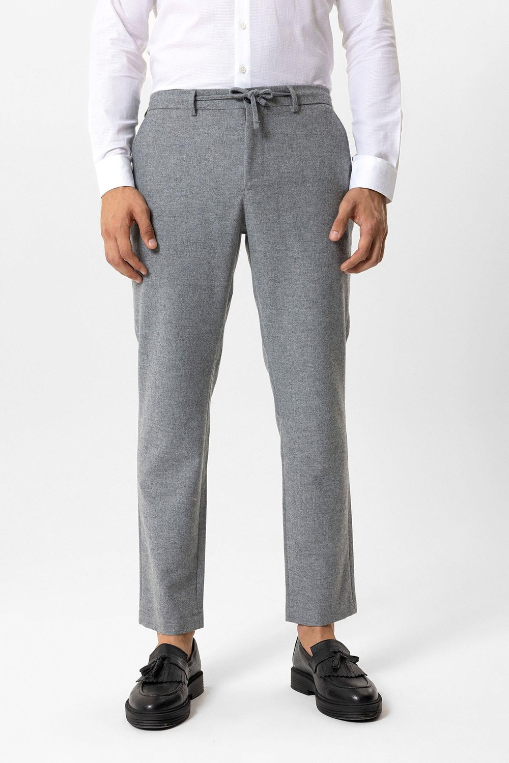 Koyu Gri Slim Fit Beli Bağcıklı Yünlü Jogger Pantolon