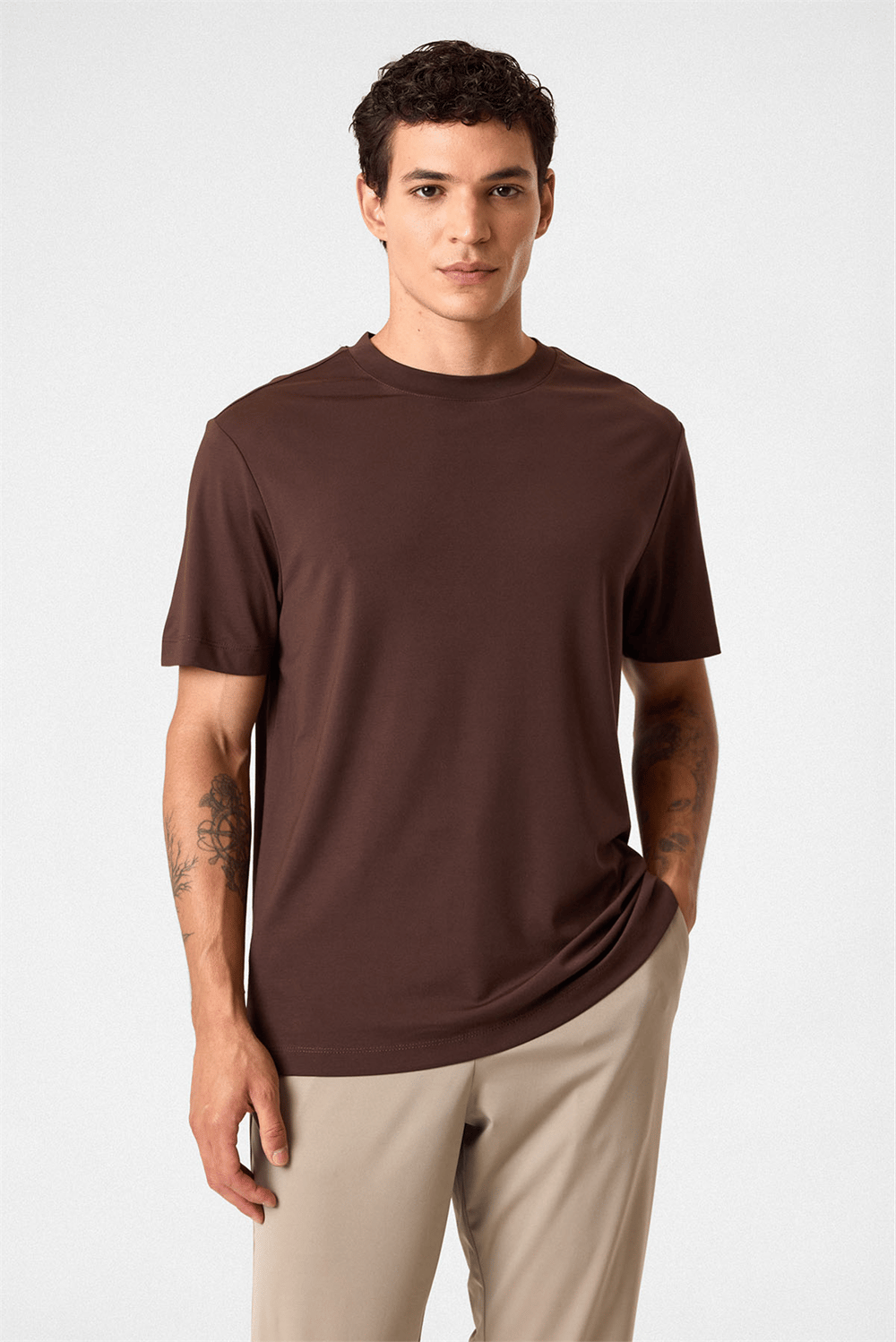 Regular Fit Bisiklet Yaka Kahve Tişört