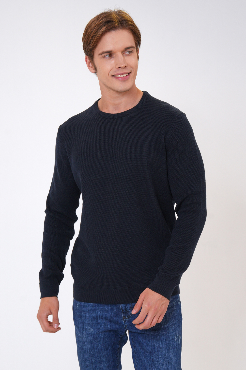 Siyah Regular Fit Jakarlı Pamuklu Bisiklet Yaka Triko