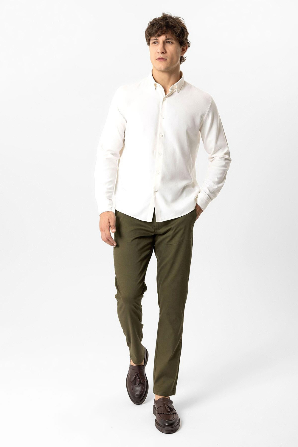 Haki Slim Fit Pamuklu Yan Cep Chino Pantolon