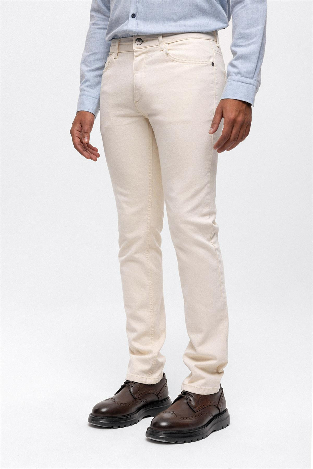 Ekru Slim Fit 5 Cepli Pamuklu Denim Pantolon