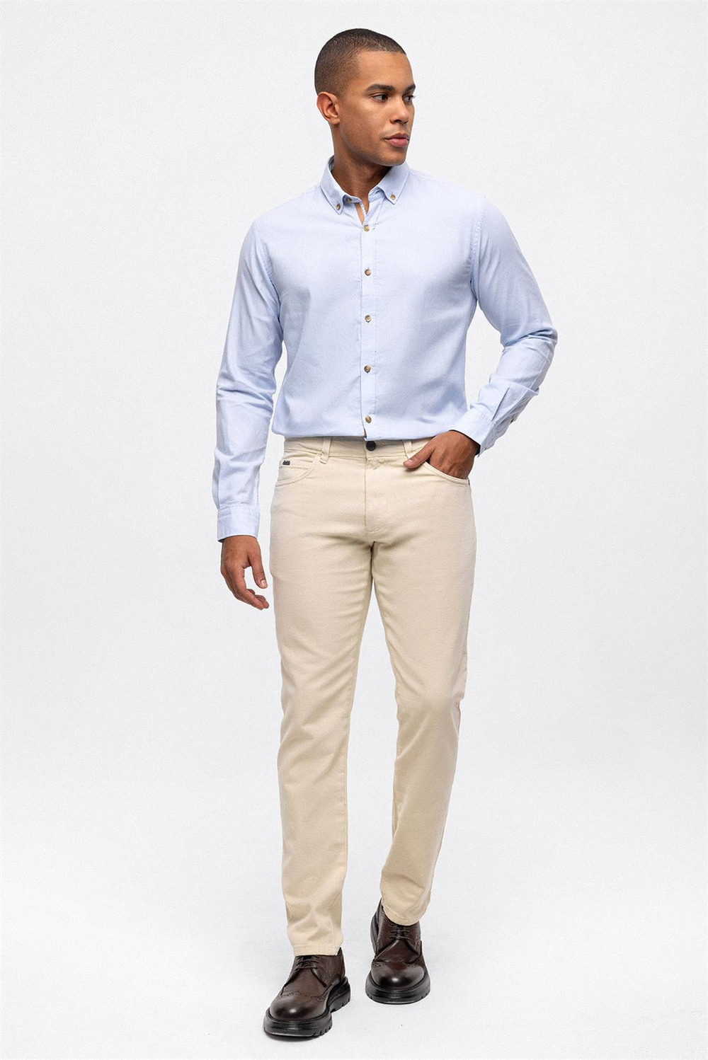 Bej Slim Fit 5 Cepli Pamuklu Chino Pantolon