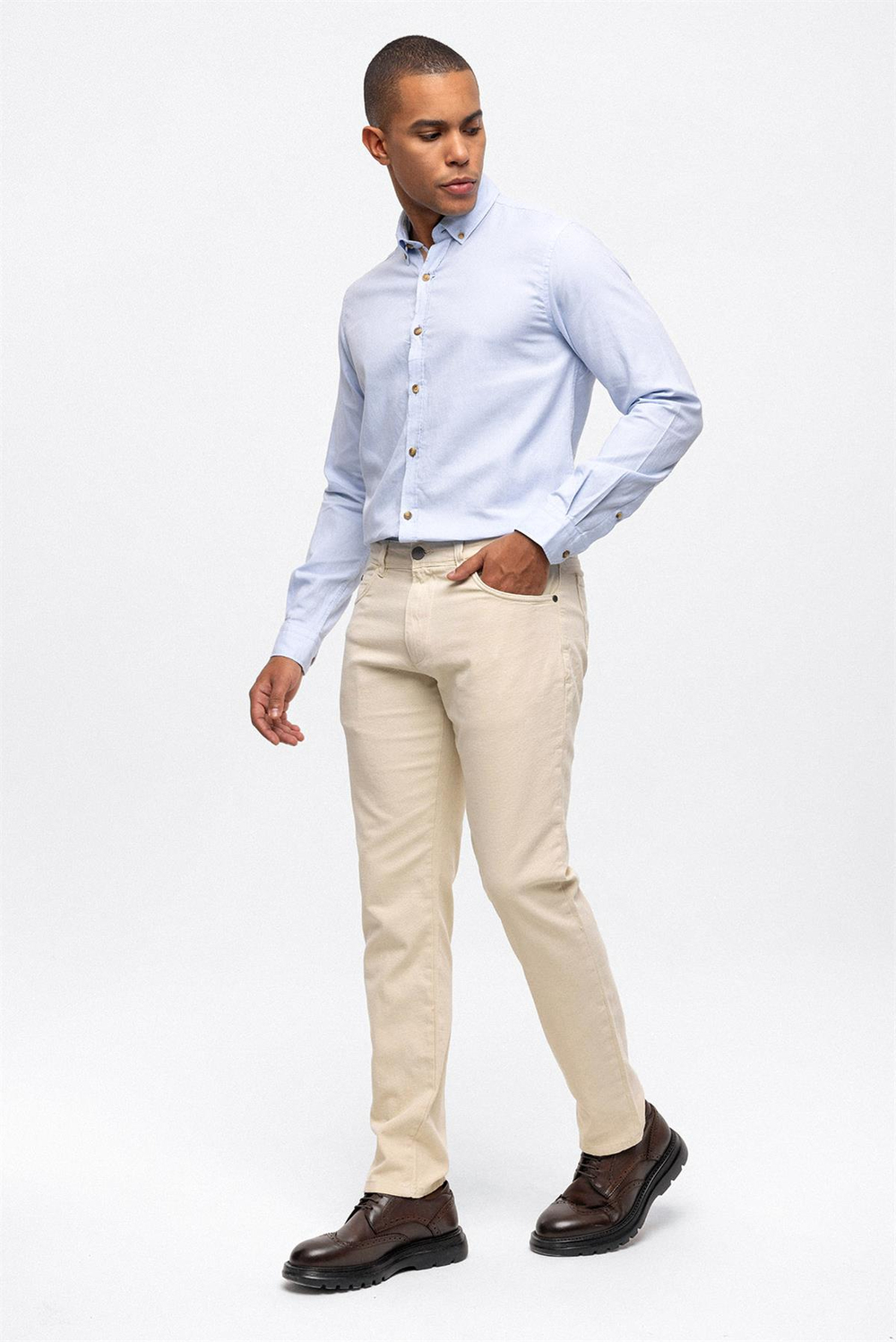 Bej Slim Fit 5 Cepli Pamuklu Chino Pantolon