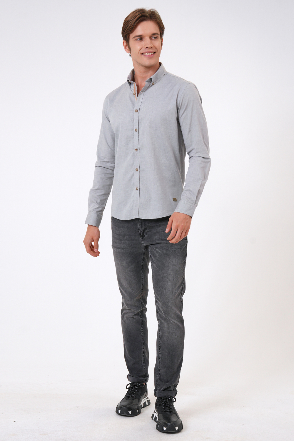 Gri Slim Fit %100 Pamuk Kolay Ütülenebilir Oxford Gömlek