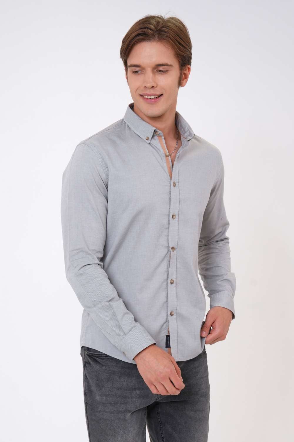 Gri Slim Fit %100 Pamuk Kolay Ütülenebilir Oxford Gömlek