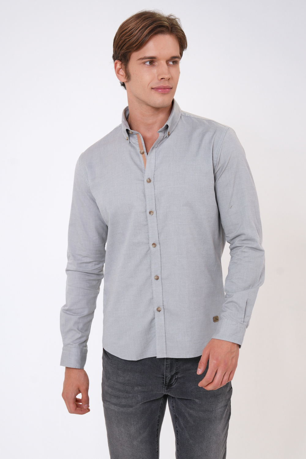 Gri Slim Fit %100 Pamuk Kolay Ütülenebilir Oxford Gömlek