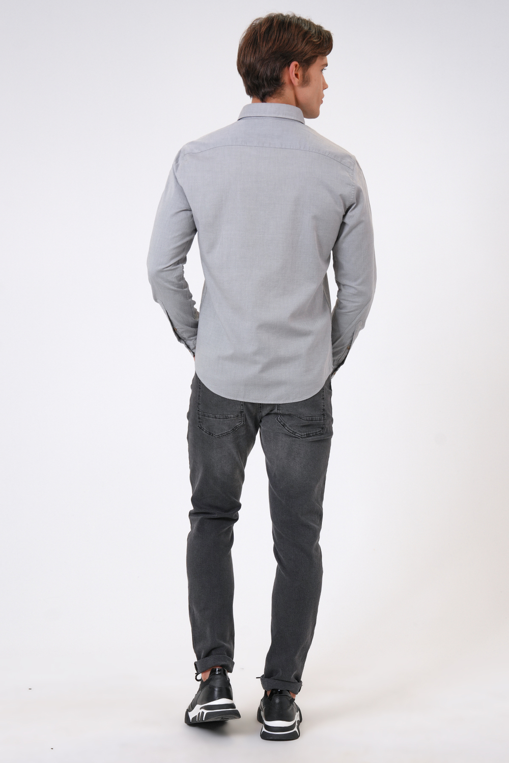 Gri Slim Fit %100 Pamuk Kolay Ütülenebilir Oxford Gömlek