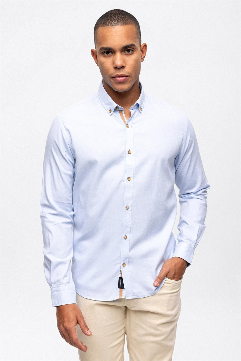 Açık Mavi Slim Fit %100 Pamuk Kolay Ütülenebilir Oxford Gömlek
