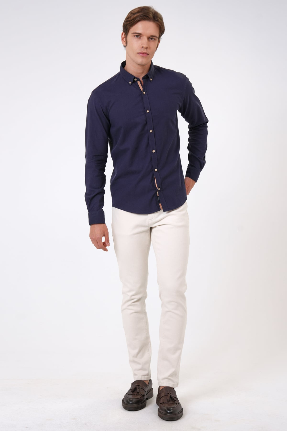 Lacivert Slim Fit %100 Pamuk Kolay Ütülenebilir Oxford Gömlek