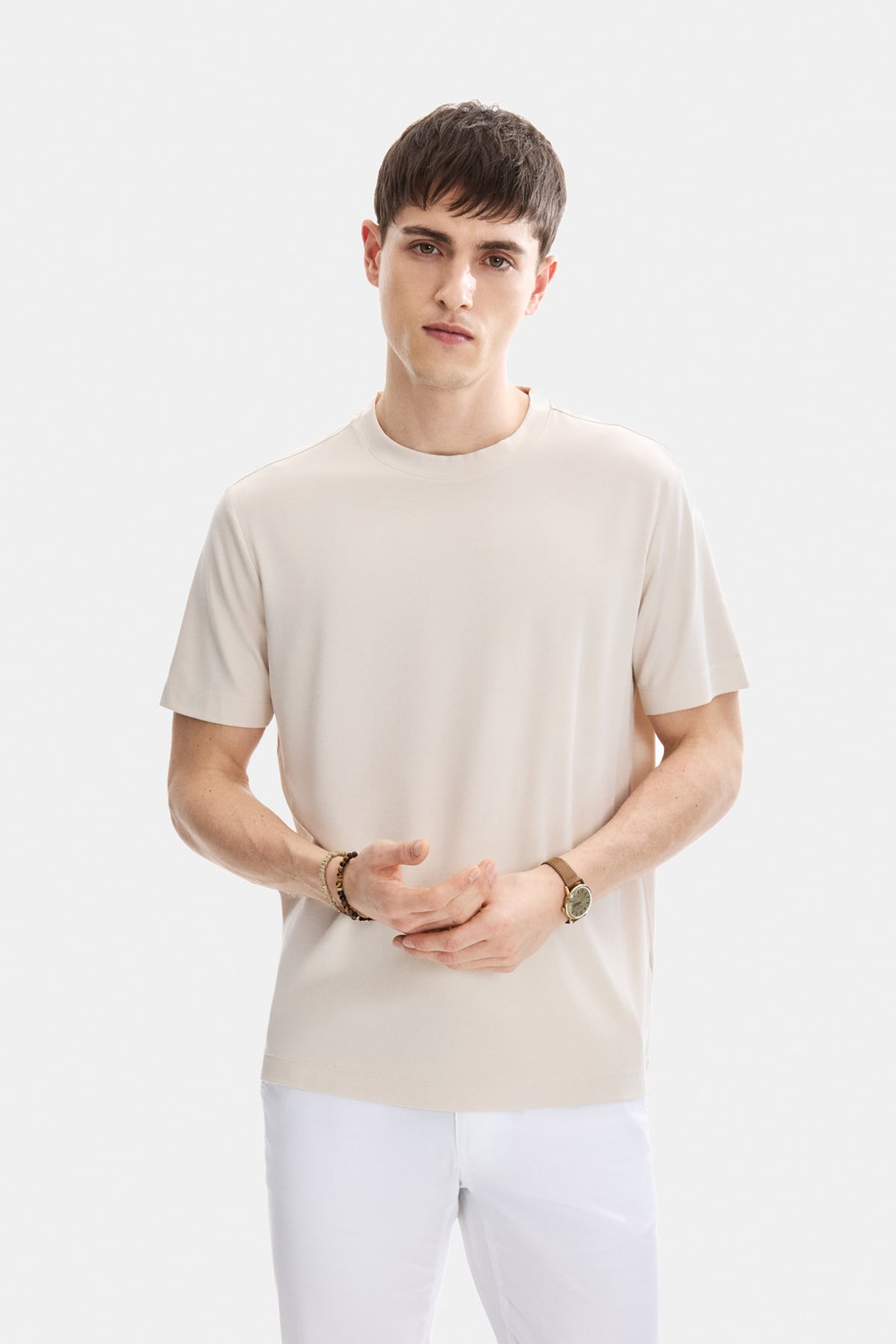 Ekru Regular Fit Örme Bisiklet Yaka Tişört