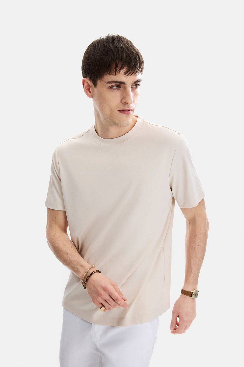 Ekru Regular Fit Örme Bisiklet Yaka Tişört