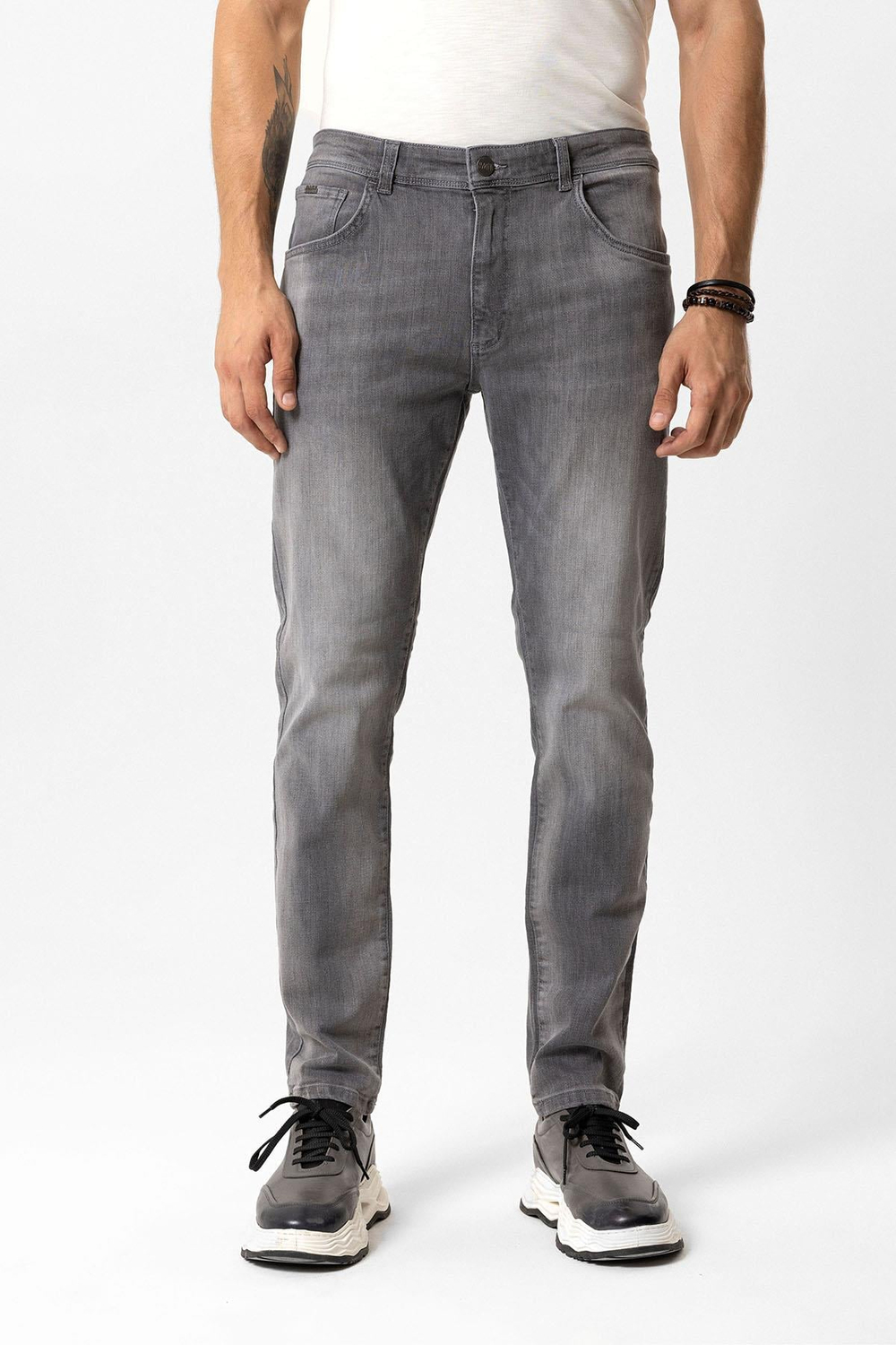 Gri Slim Fit Eskitme 5 Cepli Pamuklu Denim Pantolon