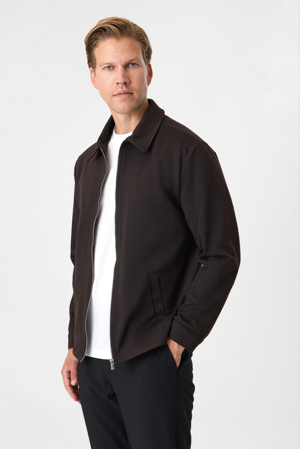Kahve Regular Fit Fermuarlı Diagonel Mont