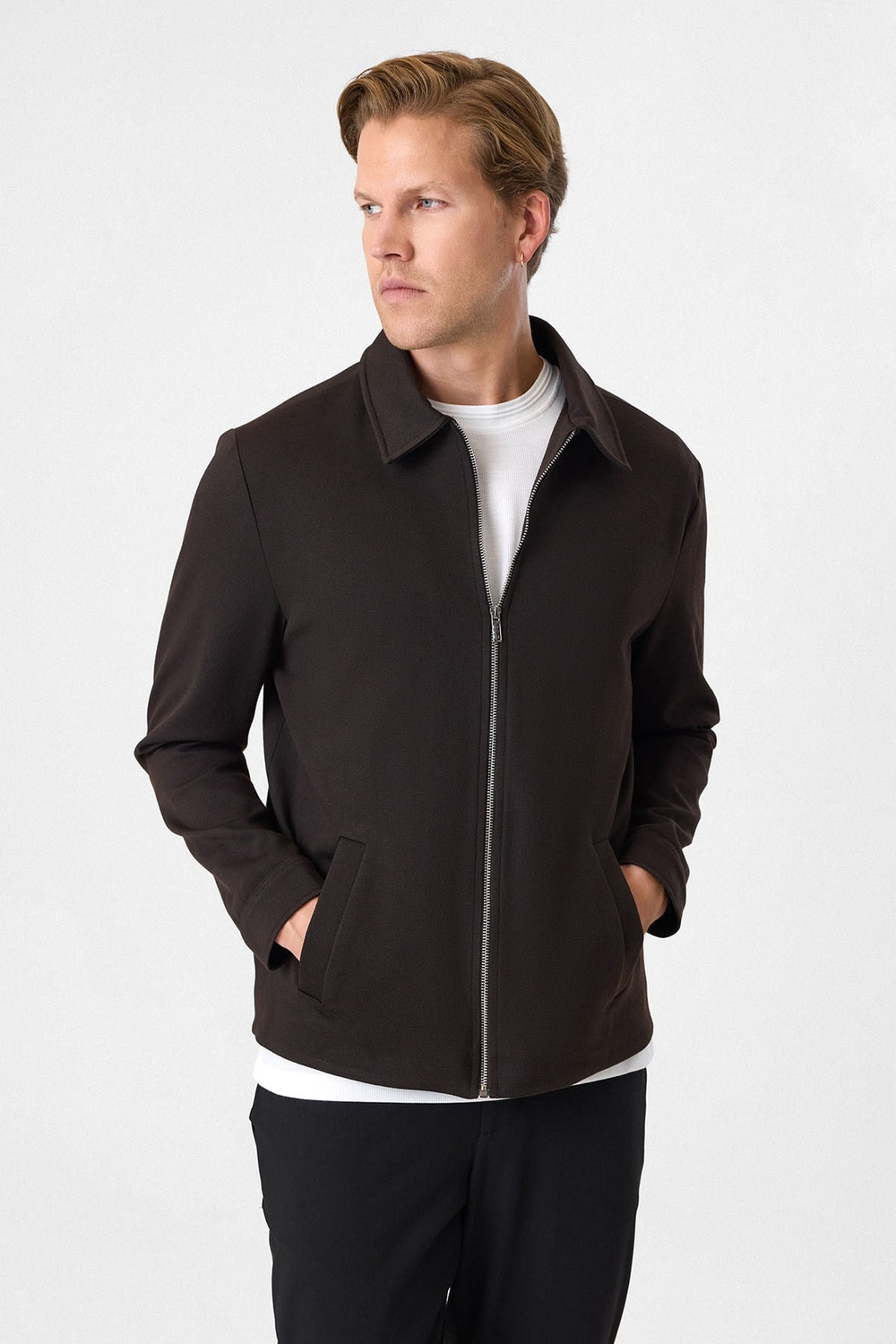 Kahve Regular Fit Fermuarlı Diagonel Mont