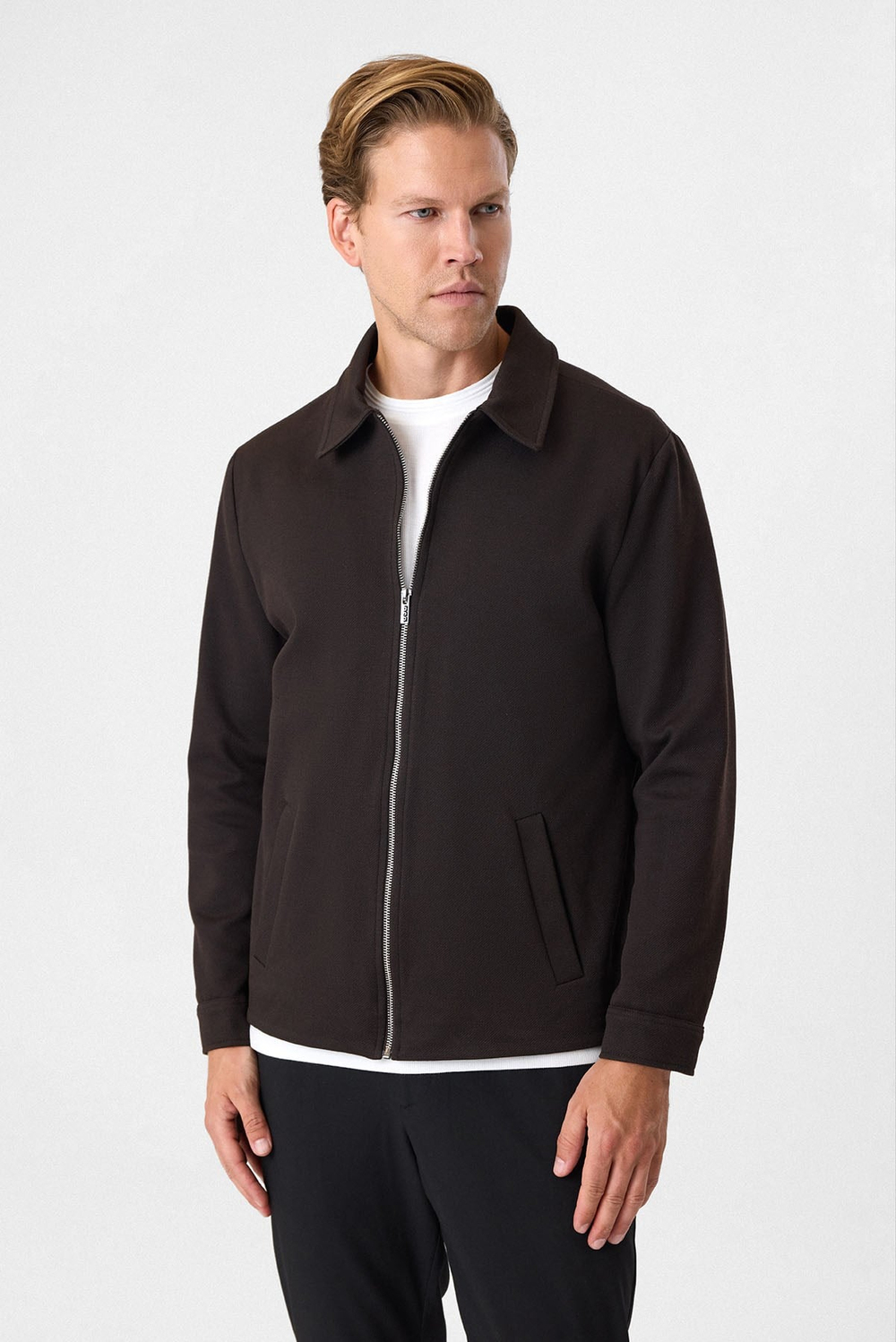Kahve Regular Fit Fermuarlı Diagonel Mont