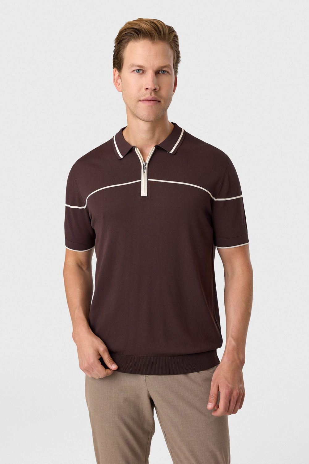 Kahve Regular Fit Fermuarlı Polo Yaka Triko Tişört