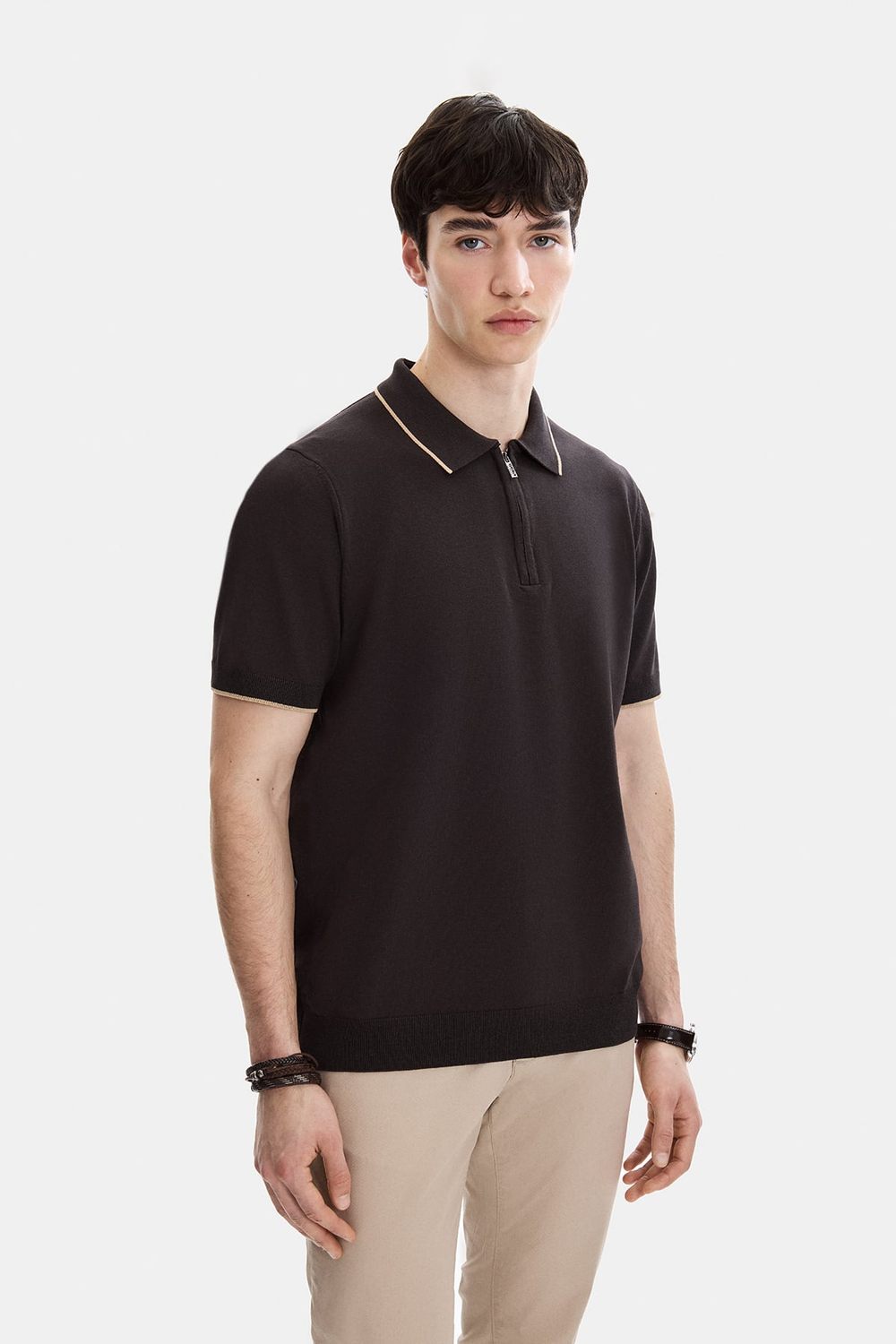 Kahverengi Regular Fit Fermuarlı Polo Yaka Triko
