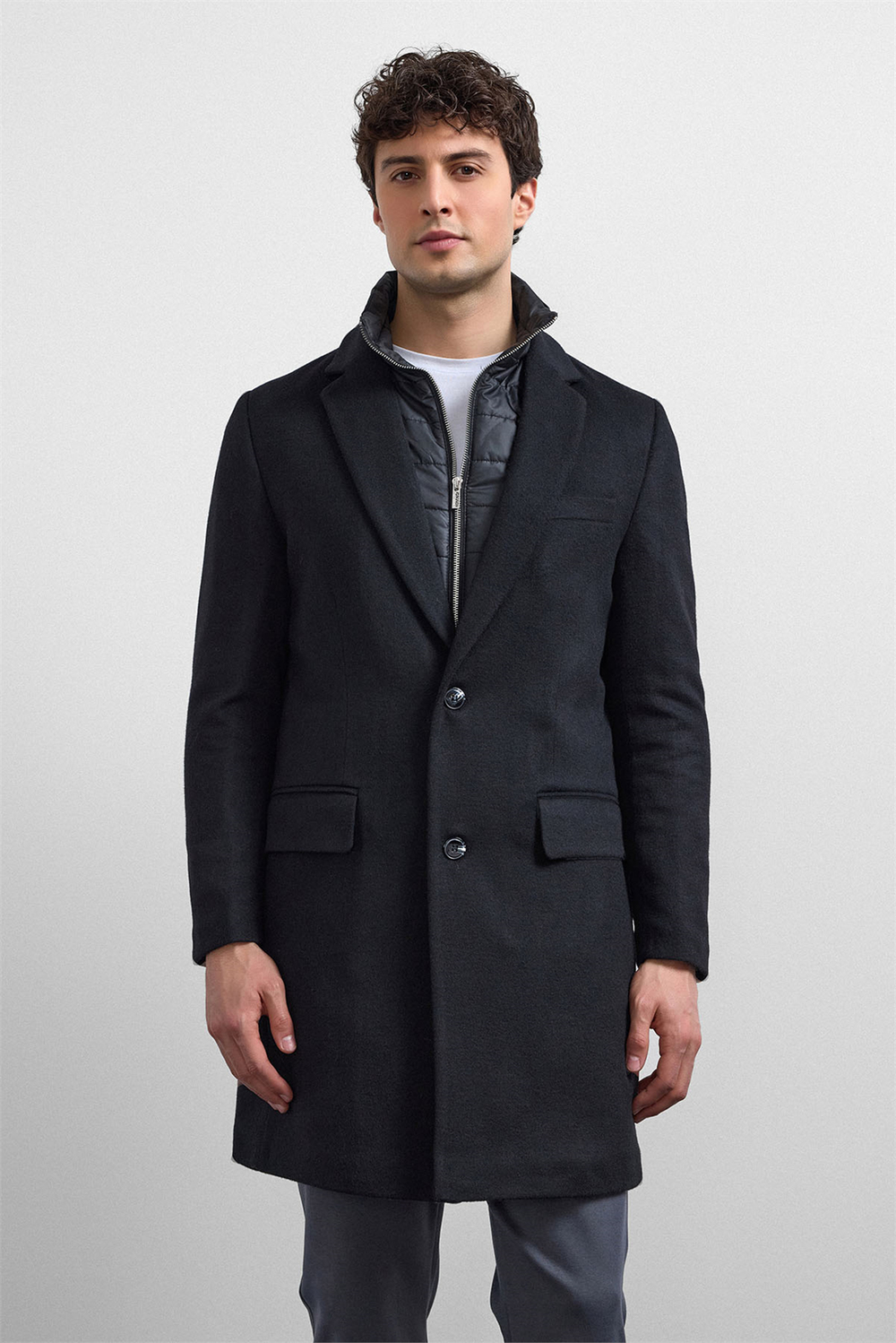 Siyah Regular Fit Kruvaze Kısa Kaban