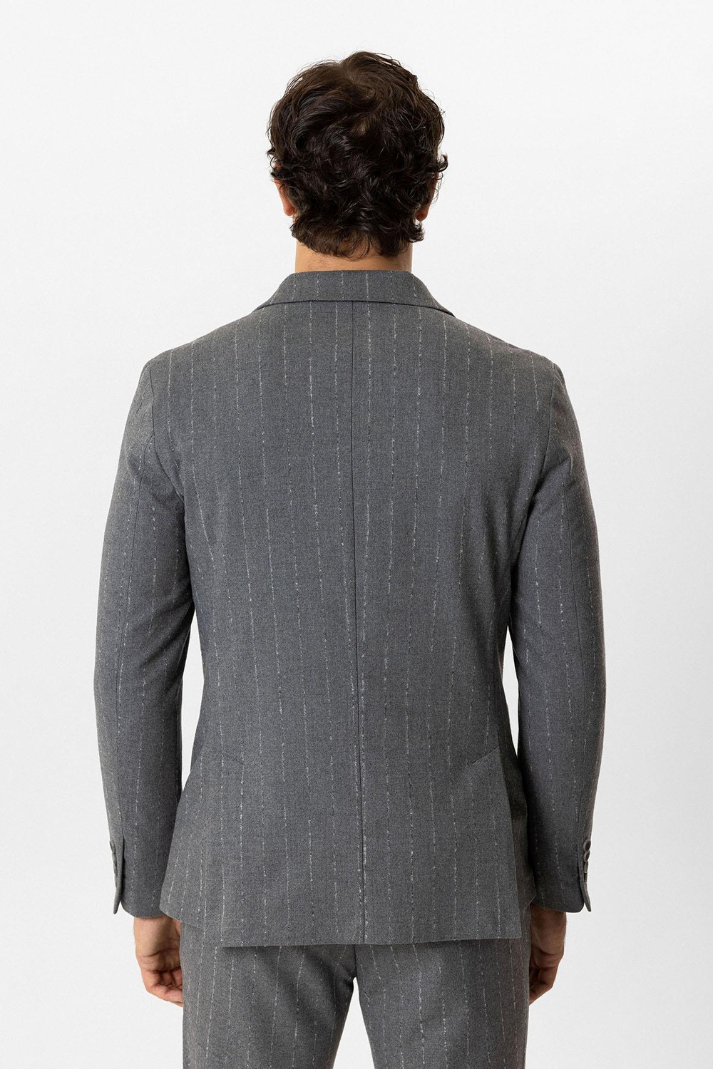 Gri Slim Fit Kırlangıç Yaka Çizgili Kruvaze Ceket
