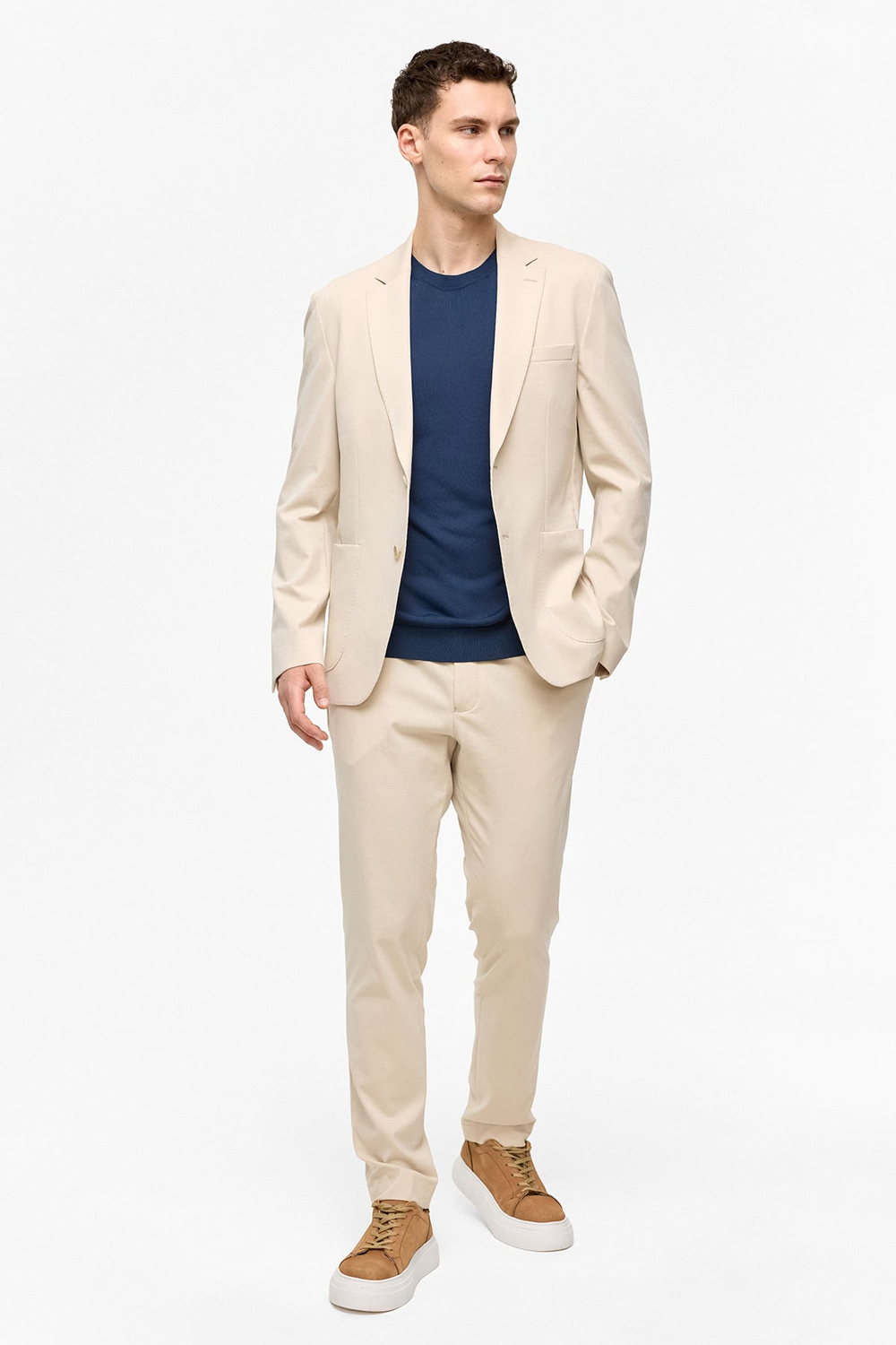 Bej Slim Fit Mono Yaka Ceket
