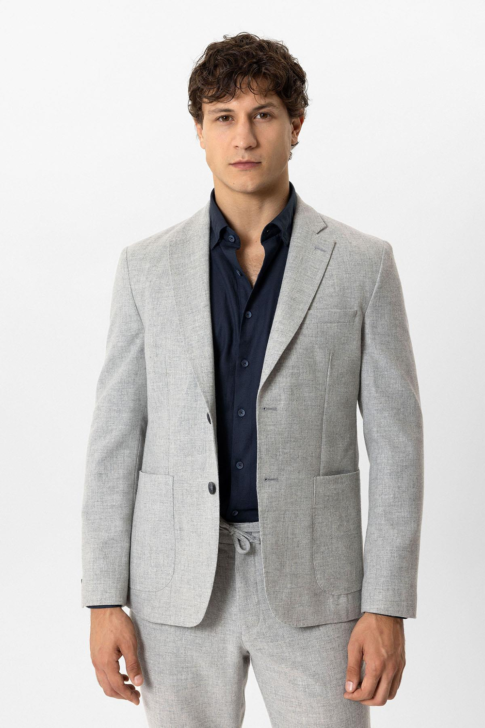 Açık Gri Slim Fit Mono Yaka Yünlü Ceket