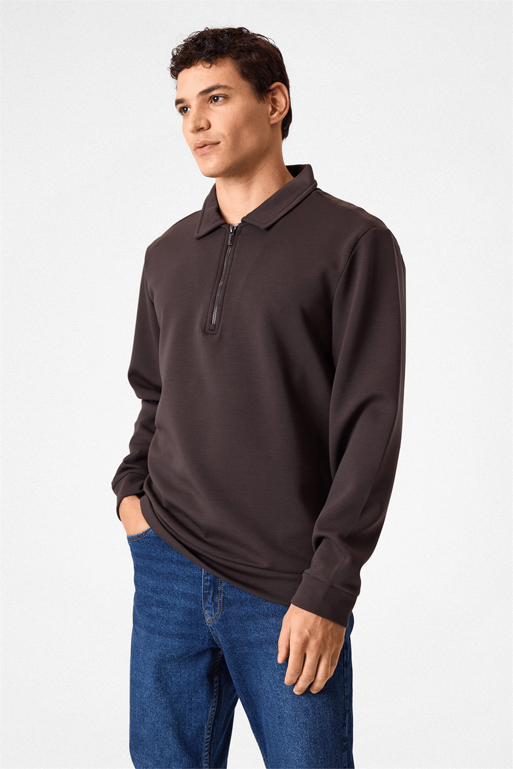 Koyu Kahve Fermuarlı Bordo Sweatshirt