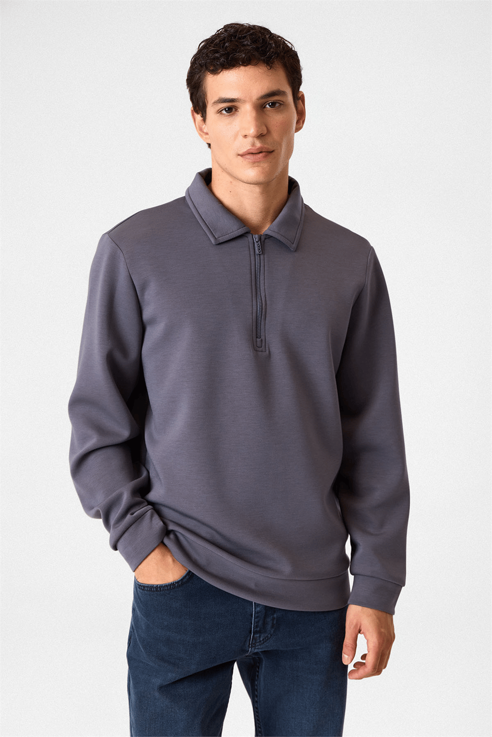 Gri Fermuarlı Bordo Sweatshirt