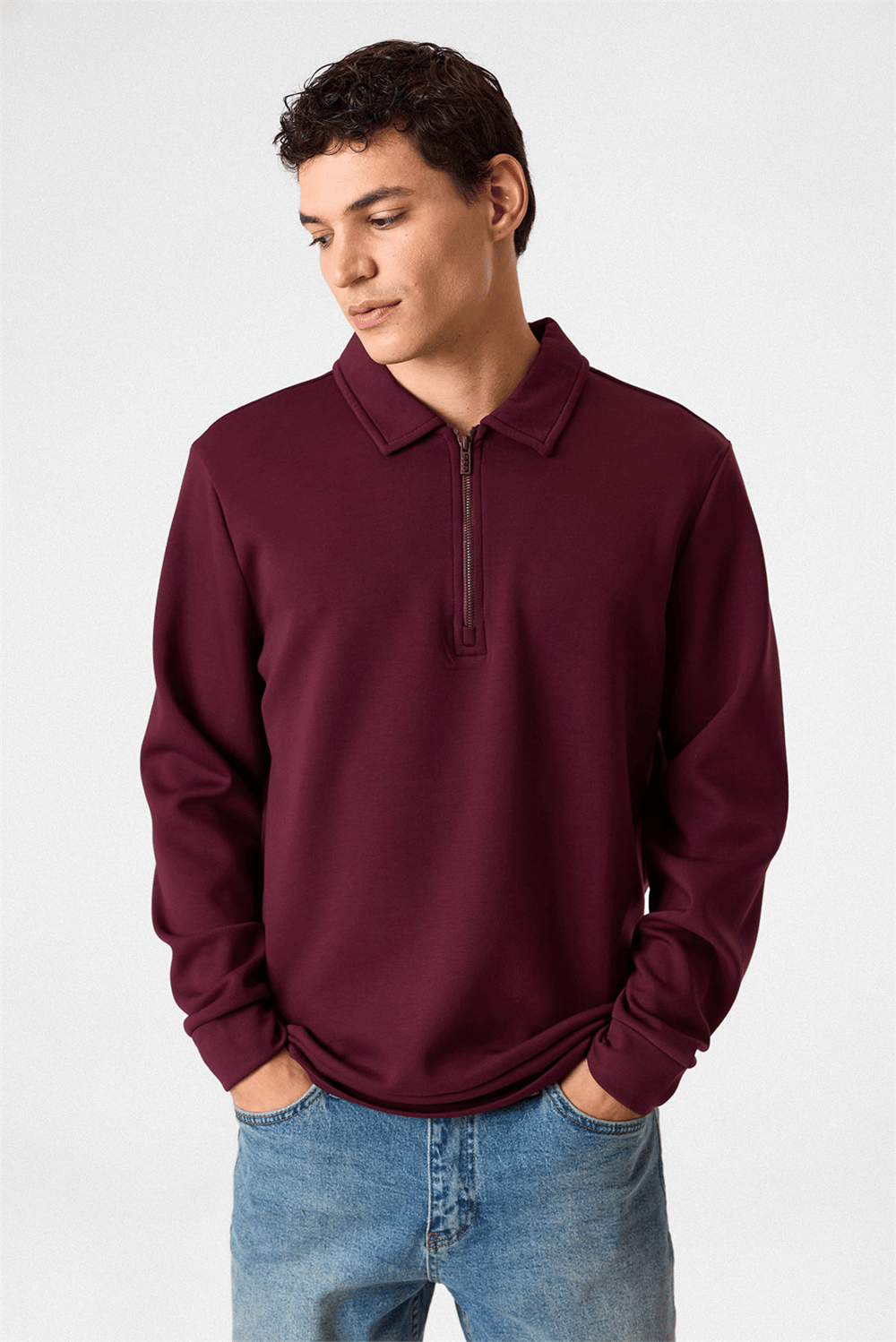 Yarım Fermuarlı Bordo Sweatshirt