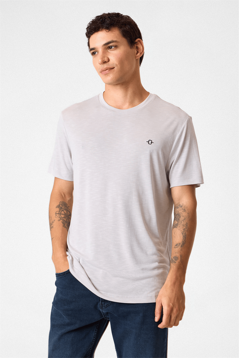 Regular Fit Basic Gri Bisiklet Yaka Tişört 