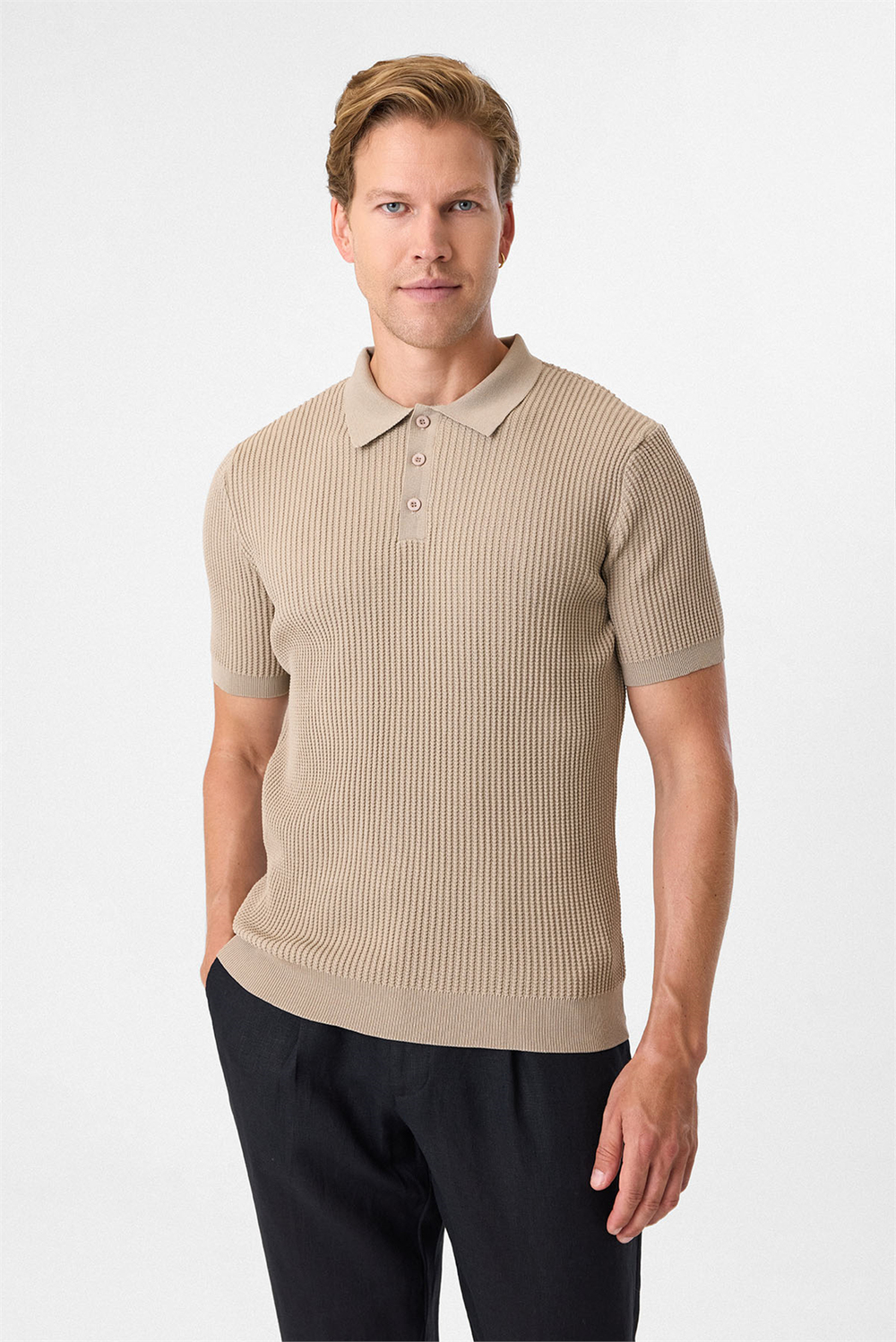 Regular Fit Bej Düğmesiz Polo Yaka Triko Tişört