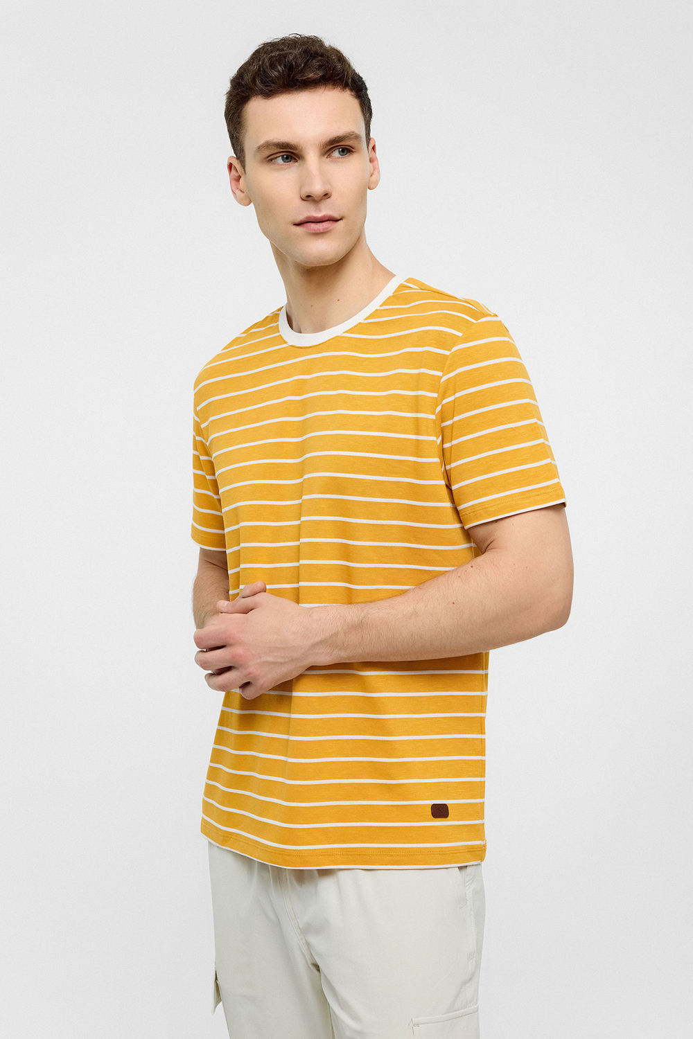 Sarı Regular Fit Bisiklet Yaka Çizgili Örme Tişört