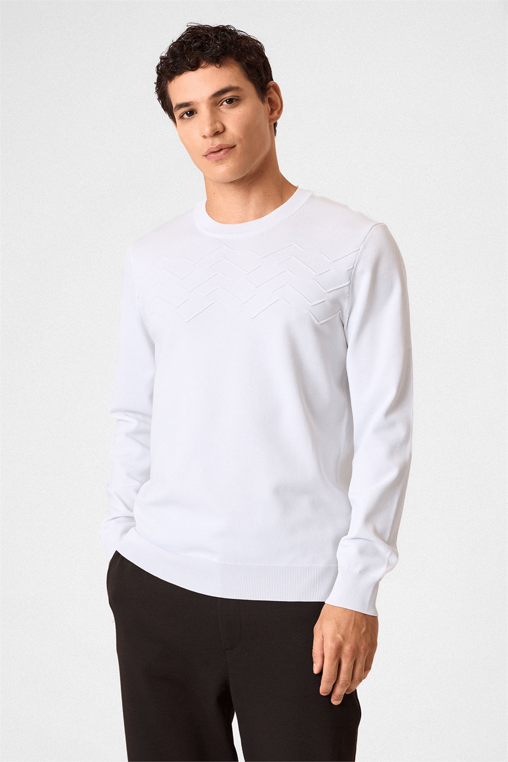Beyaz Regular Fit Bisiklet Yaka Jakarlı Triko