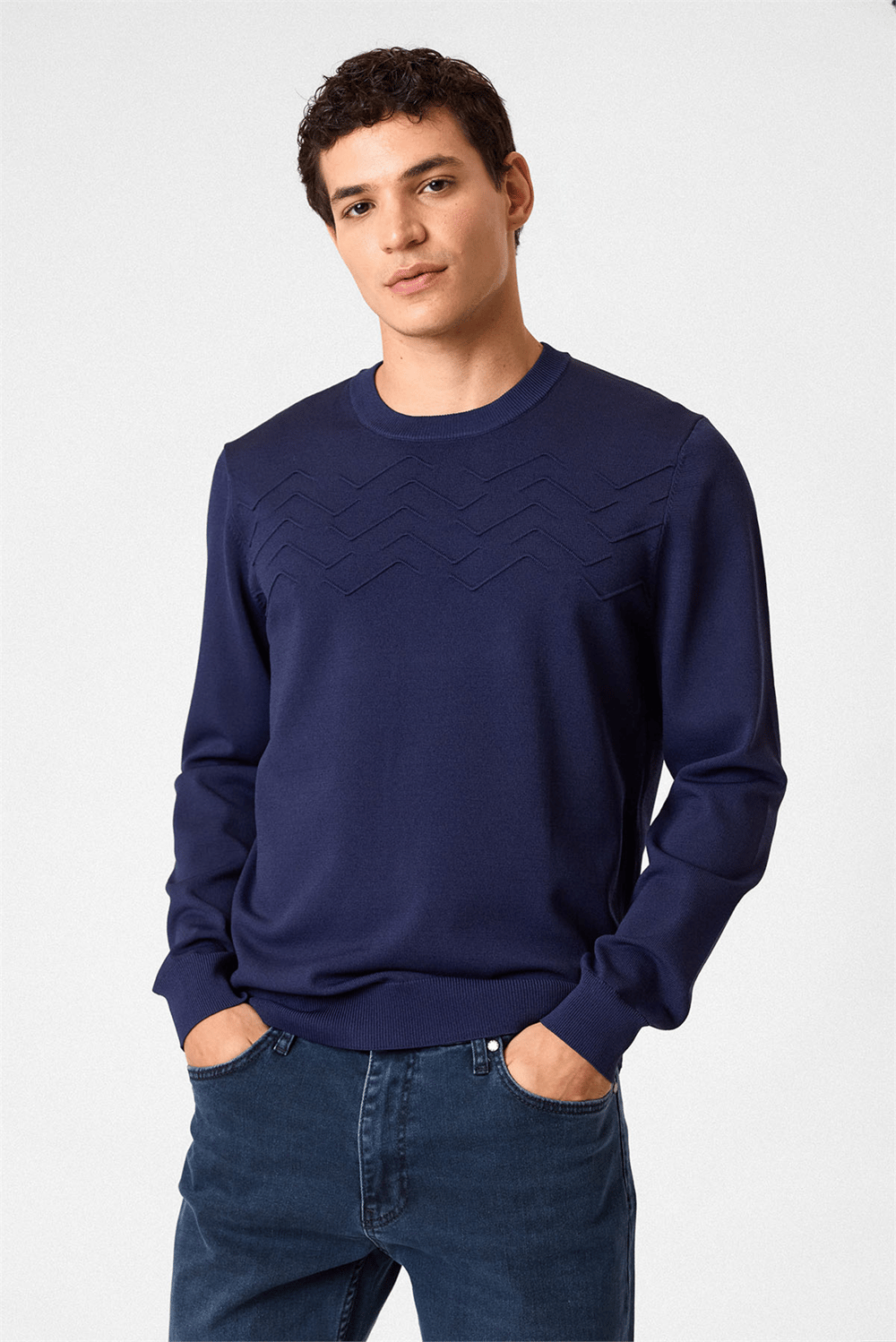 Lacivert Regular Fit Bisiklet Yaka Jakarlı Triko