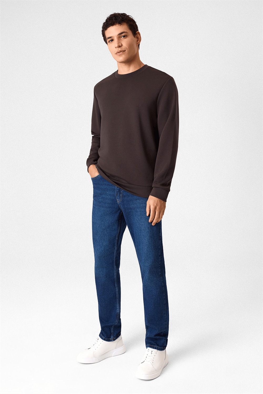 Regular Fit Bisiklet Yaka Kahverengi Sweatshirt