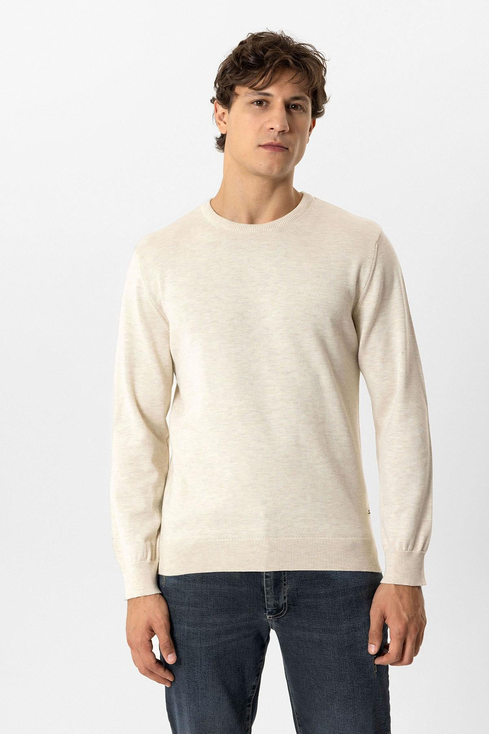 Krem Regular Fit Bisiklet Yaka Pamuklu Triko Kazak