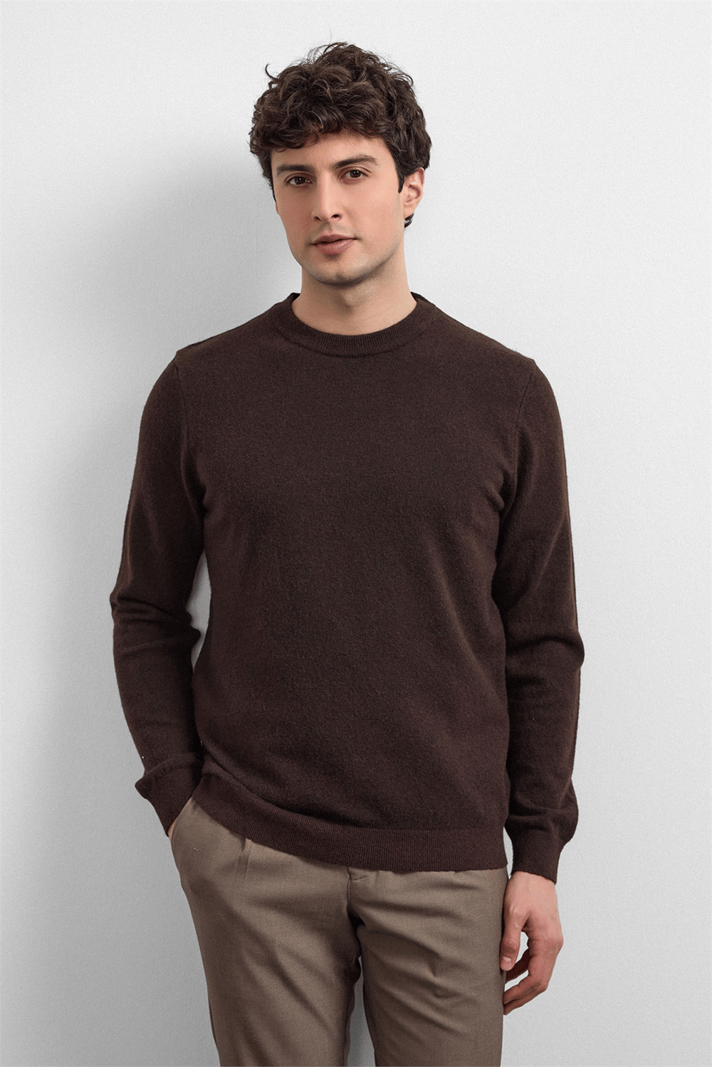 Kahve Regular Fit Bisiklet Yaka Triko Kazak