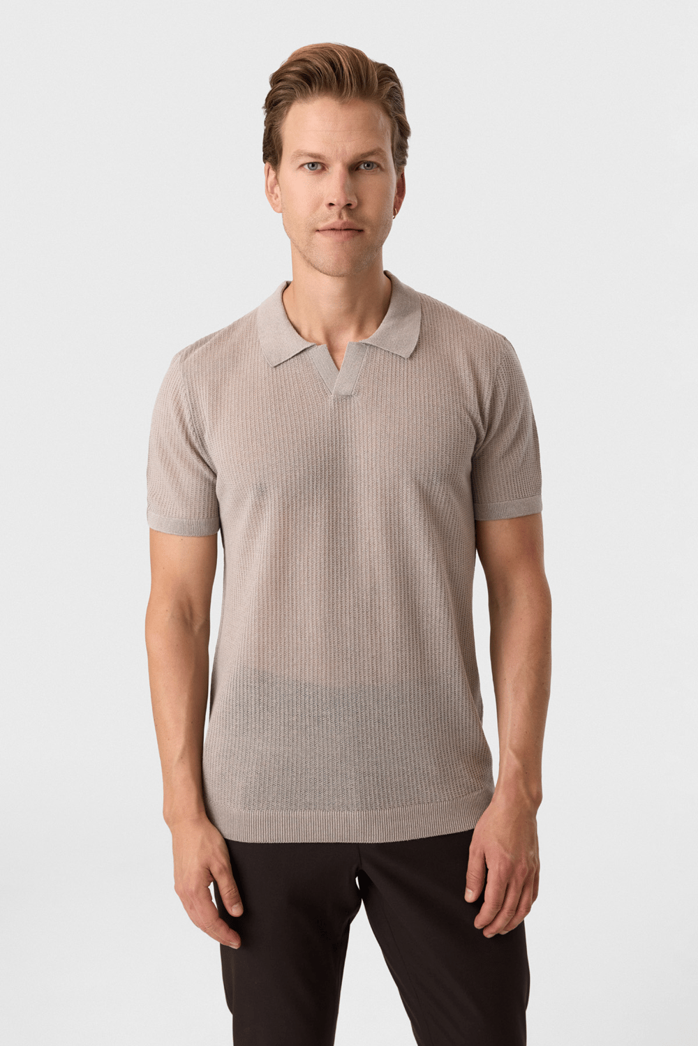 Regular Fit Düğmesiz Vizon Polo Yaka Triko 