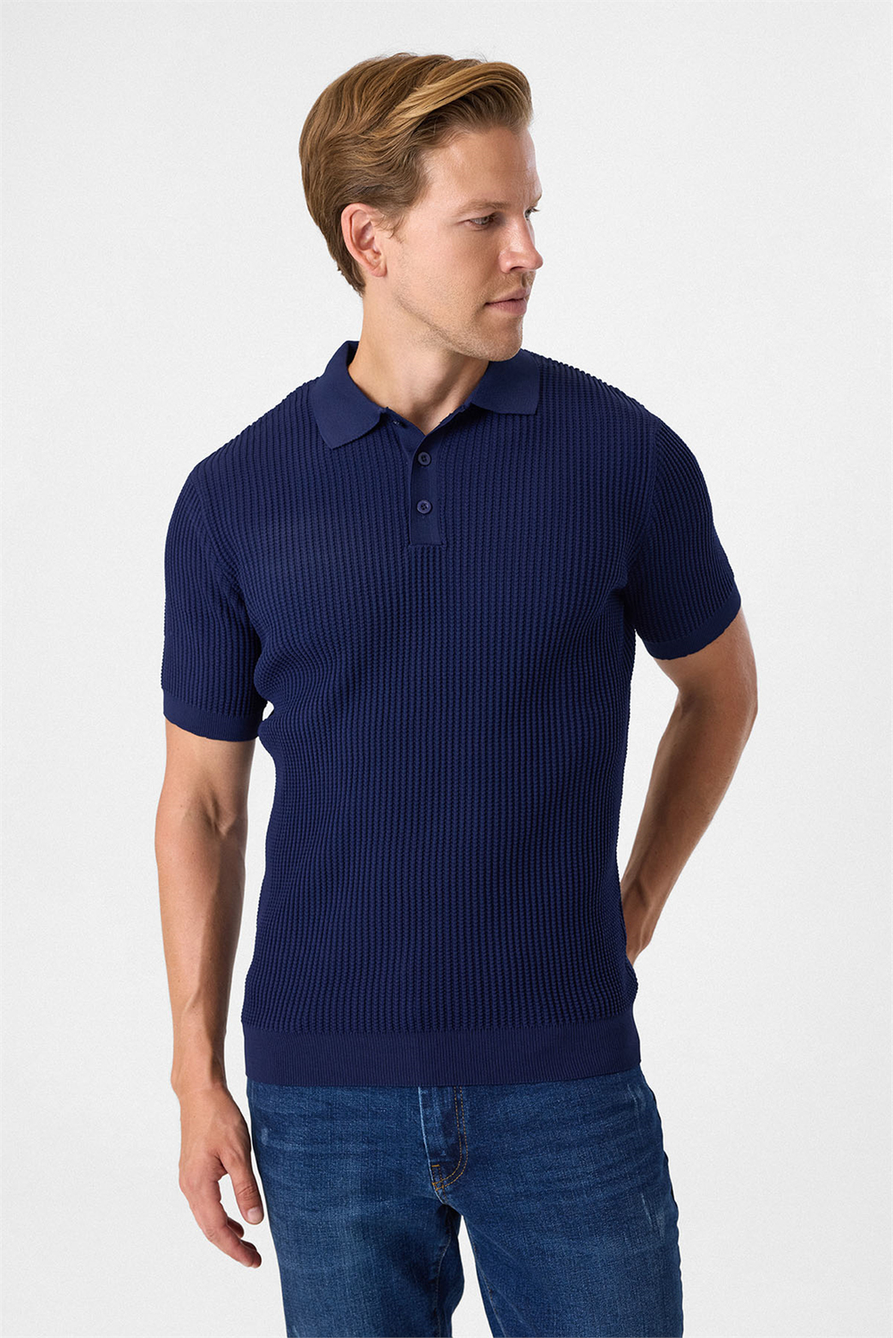 Regular Fit Lacivert Düğmesiz Polo Yaka Triko Tişört