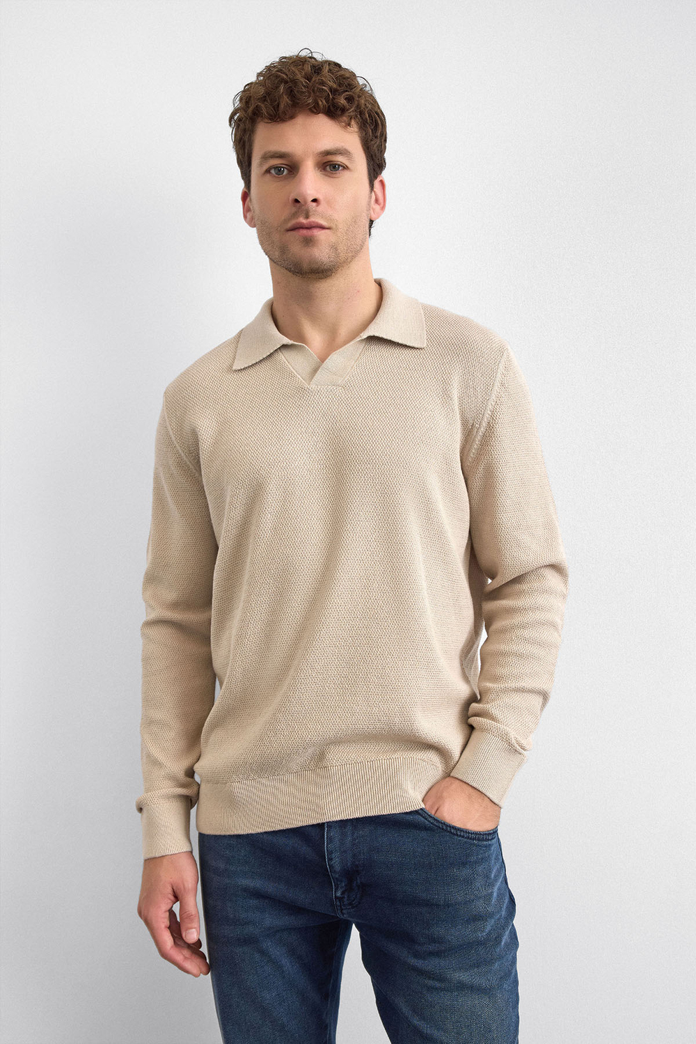 Bej Regular Fit Polo Yaka Triko Kazak