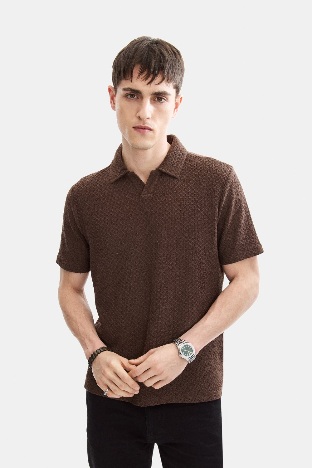 Kahve Regular Fit Örme Polo Yaka Tişört