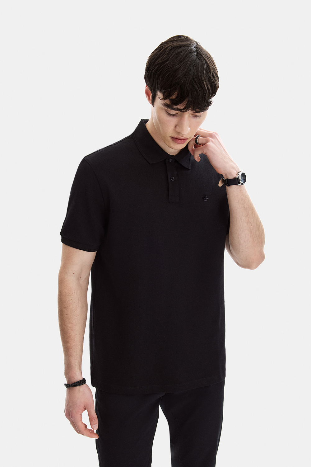 Siyah Regular Fit Örme Polo Yaka Tişört