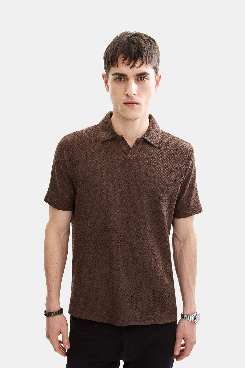 Kahve Regular Fit Örme Polo Yaka Tişört