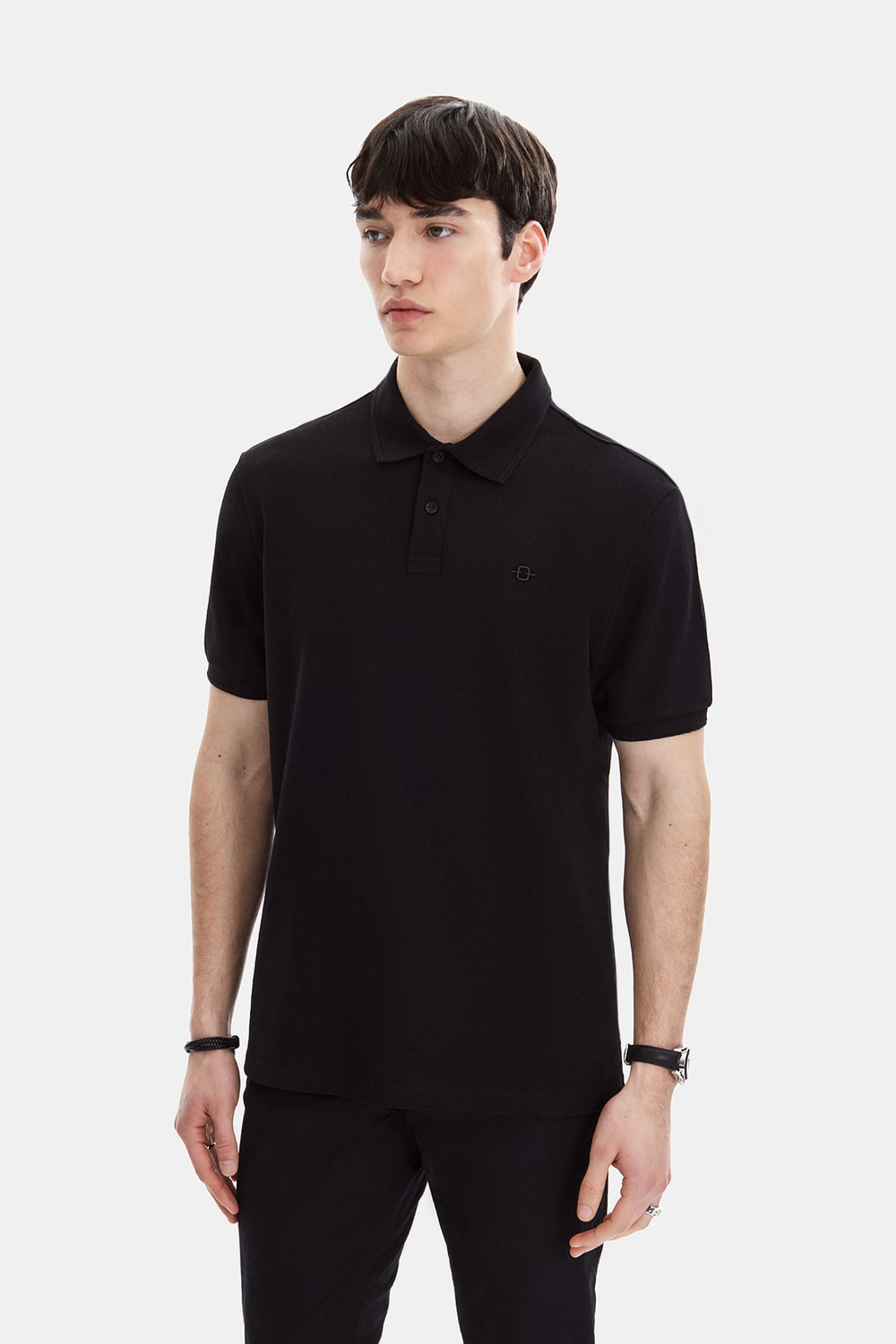 Siyah Regular Fit Örme Polo Yaka Tişört