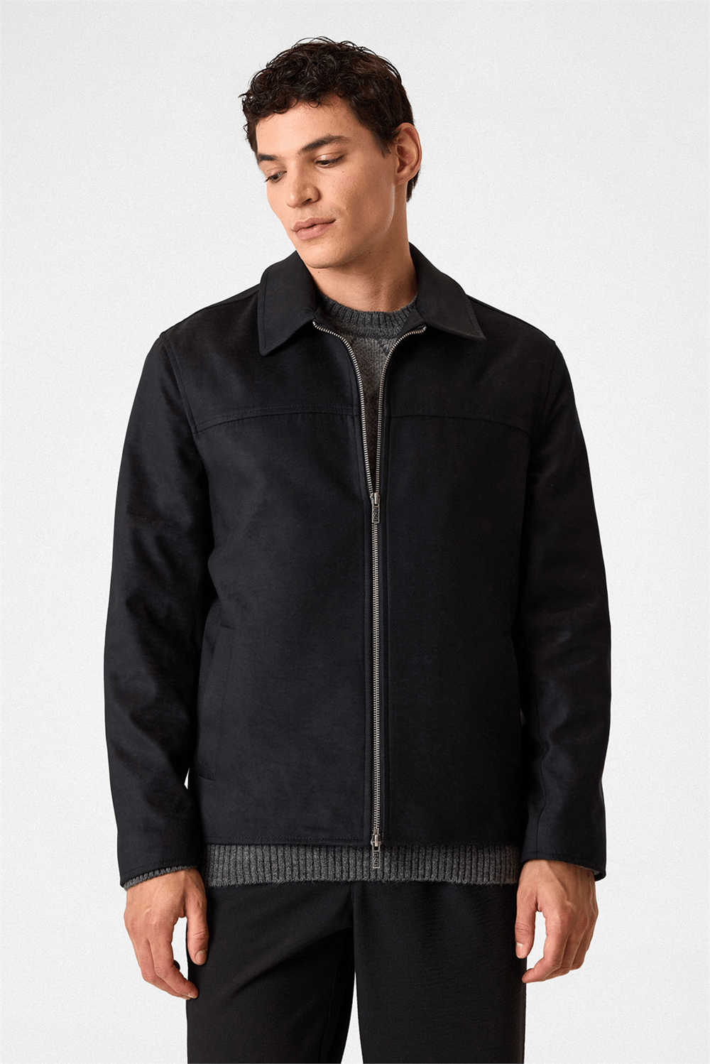 Siyah Regular Fit Süet Mont