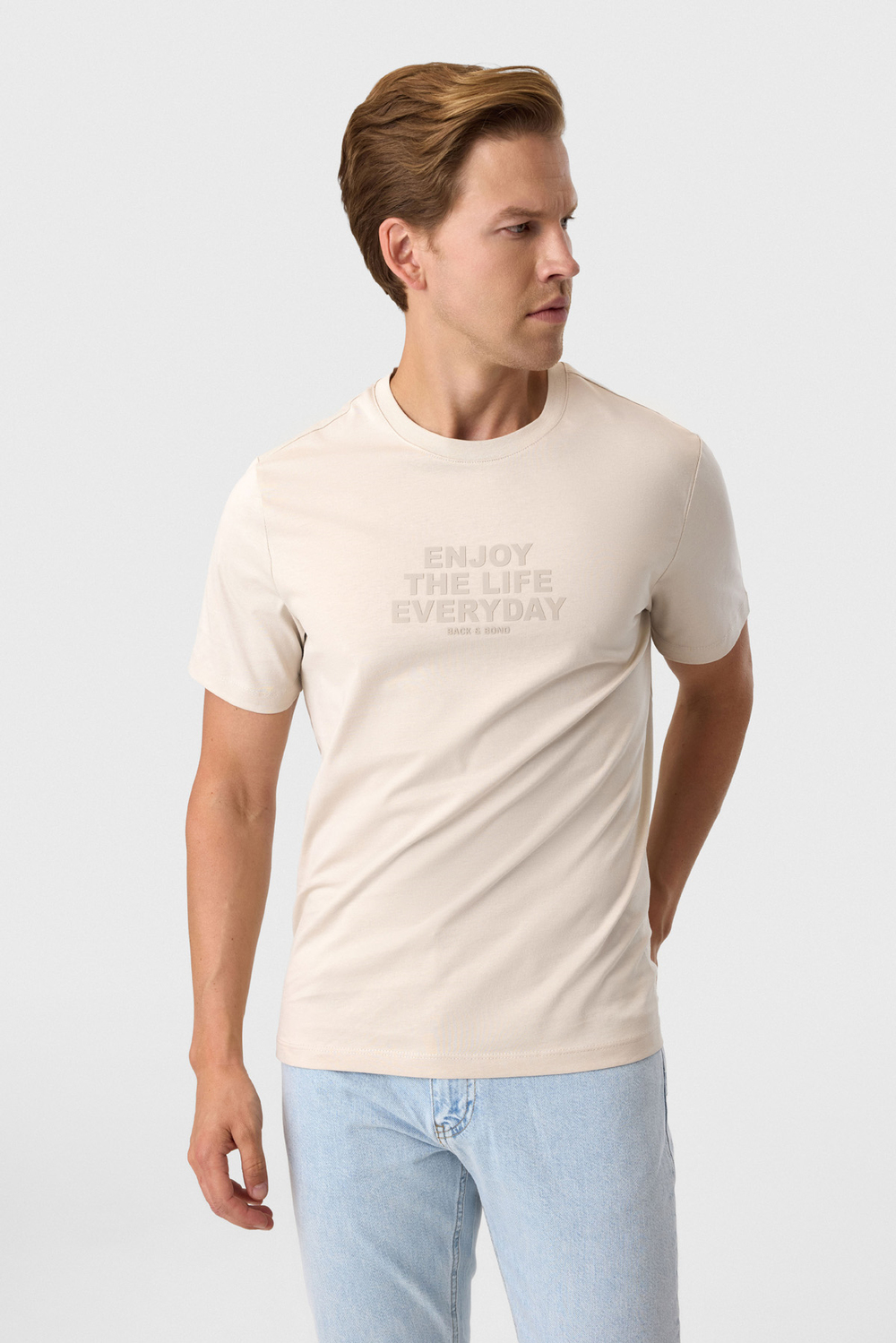 Relaxed Fit Baskılı Bej Bisiklet Yaka Tişört